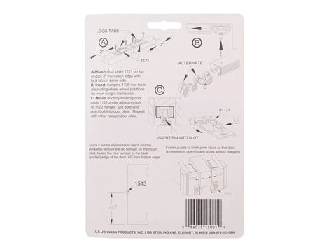 Back packaging of Replacement Hardware Kit For Doors With 2 Hangers, 2 Door Guides, 1 Door Stop, 1 Wrench And 1 Screw Pack Made In USA