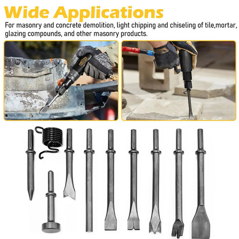 Beefy 10 Piece Air Hammer Bits Set With Spring Retainer for Tile Masonry Concrete Stone Demolition and Metal Shaping Nine Chisel