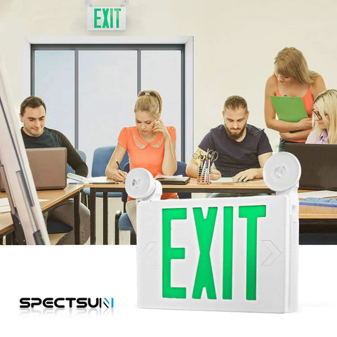 LED Exit Sign Battery Backup Emergency Light With Two Lamp Heads, Green Fire Exit Sign in office setting