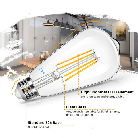 4 Pack Vintage Edison Style LED Light Bulbs ST64 8W 100W Equivalent 1400 Lumens 2700K Warm White E26 Base Non Dimmable CRI 90