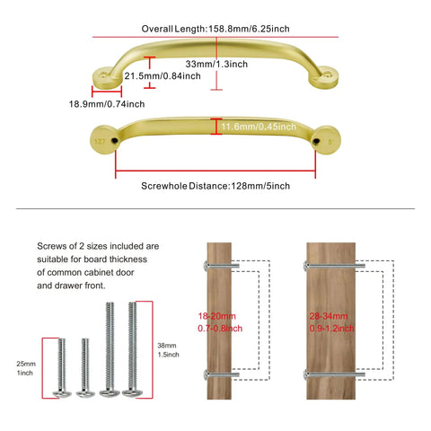 Dimensions and installation guide for 10 Pack 5 Inch Brushed Gold Cabinet Pulls Heavy Duty Solid Zinc Alloy Handles.