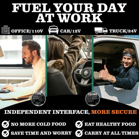 Electric Heated Lunch Box For Adults With 80W Fast Heating And 1.5L Food Grade Stainless Steel Portable Warmer For Work Travel Car 12V 24V 110V displayed in office, car, and truck scenarios.