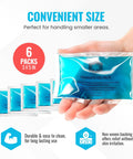 Person holding 3x5 inch hot and cold gel packs for injuries. Six-pack shown for headaches, joints, puncture proof material FSA HSA eligible.