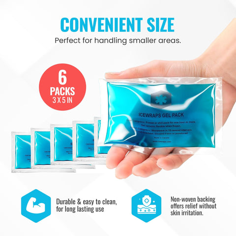 Person holding 3x5 inch hot and cold gel packs for injuries. Six-pack shown for headaches, joints, puncture proof material FSA HSA eligible.