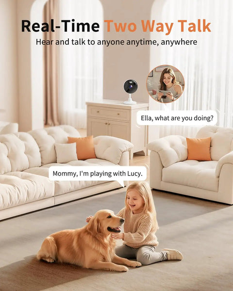 Indoor Outdoor 2K Security Camera With 5G And 2.4G WiFi, Two Way Audio, Color Night Vision; living room scene with child and dog.