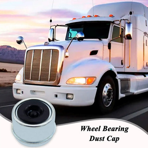 Truck driving at sunset with focus on a wheel bearing dust cap