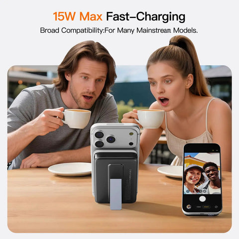 Magnetic Portable Charger With Built In Cable 10000mAh Power Bank Featuring Smart Led Display and Quick Charge on table with two people.