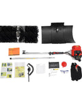 Gas Powered Handheld Sweeper Broom For Lawn Cleanup 52cc 2 Stroke Engine Two Point Three HP Portable Gasoline Powered Sweeping Machine With Fuel Tank Built To Last Durable ABS Aluminum Build Easy Start And Debris Removal, kit parts laid out