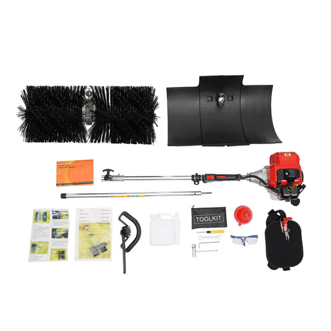 Gas Powered Handheld Sweeper Broom For Lawn Cleanup 52cc 2 Stroke Engine Two Point Three HP Portable Gasoline Powered Sweeping Machine With Fuel Tank Built To Last Durable ABS Aluminum Build Easy Start And Debris Removal, kit parts laid out