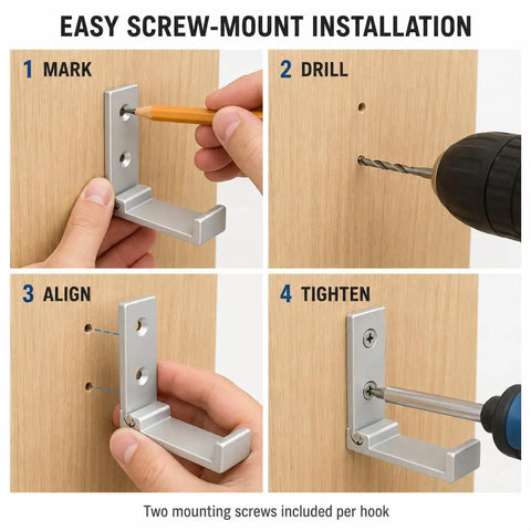 Installation guide for Legit Heavy Duty Folding Wall Hooks 4 Pack Silver Aluminum Alloy Flip Down Coat Rack with step-by-step instructions.