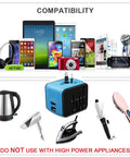 Universal Travel Adapter With Dual USB Fast Charge All In One International Power Converter For UK EU AU Asia Supports 150 Plus Countries Compact Wall Charger For Worldwide Travel Blue with compatible devices and warning against high power appliances.