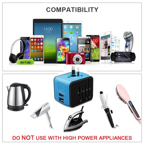 Universal Travel Adapter With Dual USB Fast Charge All In One International Power Converter For UK EU AU Asia Supports 150 Plus Countries Compact Wall Charger For Worldwide Travel Blue with compatible devices and warning against high power appliances.