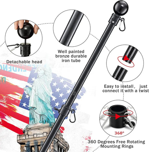 Five Foot Stainless Steel Outdoor Flag Pole Kit Built To Last With Heavy Duty Feel Tangle Free 360 Degree Rotating Rings Dual Angle Bracket For Grommet Flags Banners Garden Flags For Porch Yard Garage Balcony Black