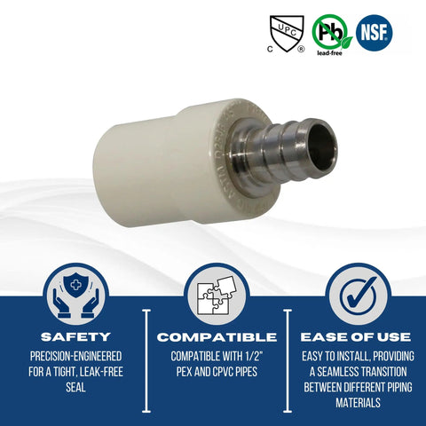 Close-up of Ten Piece Brass PEX To CPVC Transition Coupling Set One Half Inch Crimp Fittings, showing compatibility labels and features.