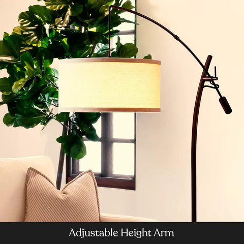 Arc Floor Lamp With Linen Shade Sleek Bronze Finish Adjustable Arm For Living Room Office Reading Over Sofa Industrial Style Lighting