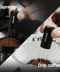 Espresso Distribution Tool With Magnetic Stand And Adjustable 0.4mm Stainless Needles in use for espresso and drip coffee