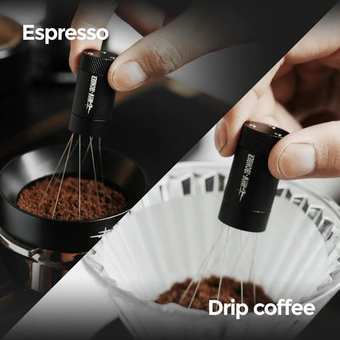 Espresso Distribution Tool With Magnetic Stand And Adjustable 0.4mm Stainless Needles in use for espresso and drip coffee