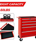 Heavy Duty Rolling Tool Chest With Five Drawer Secure Lock And Cushioned Top Rest Spot Designed For Tough Job Sites And Serious Gear Stash Featuring Smooth Roll Brake Wheels And Classic Red Shop Storage with weight capacity of 450 lbs.