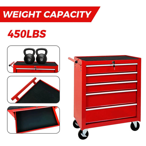 Heavy Duty Rolling Tool Chest With Five Drawer Secure Lock And Cushioned Top Rest Spot Designed For Tough Job Sites And Serious Gear Stash Featuring Smooth Roll Brake Wheels And Classic Red Shop Storage with weight capacity of 450 lbs.