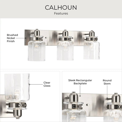 Calhoun Collection Clear Glass Farmhouse Bath Vanity Light Three Light Brushed Nickel Vintage Inspired Fixture details