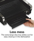 Indoor Searing Grill With Viewing Window And Adjustable Temp To 450F 118 Square Inches Cooking Surface Serves Six PFAS Free Removable Nonstick Grate Stainless Steel with hand removing drip tray