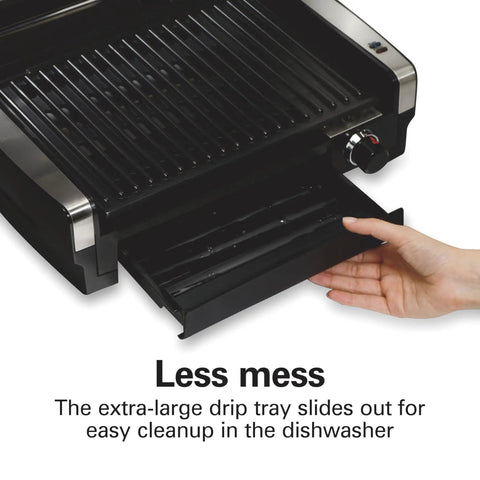 Indoor Searing Grill With Viewing Window And Adjustable Temp To 450F 118 Square Inches Cooking Surface Serves Six PFAS Free Removable Nonstick Grate Stainless Steel with hand removing drip tray