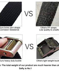 Comparison of cam buckle tie down straps: brine yarn vs PP and heavy duty vs light weight buckles, highlighting safety.