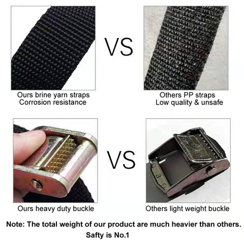 Comparison of cam buckle tie down straps: brine yarn vs PP and heavy duty vs light weight buckles, highlighting safety.