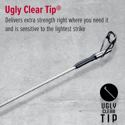 Close-up of Ugly Tuff 8 Plus Spincast Rod with durable graphite fiberglass build and clear tip sensitivity, kid-friendly design.