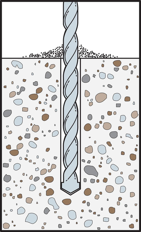 Illustration of a drill bit penetrating concrete for Titen HD 1/4 In X 3-1/2 In Zinc-Plated Countersunk Head Heavy-Duty Screw Anchor 50-Pack