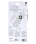 Back packaging of Woods Indoor Eight Outlet Power Strip Timer with Built In Mechanical Timer, highlighting features and specifications.