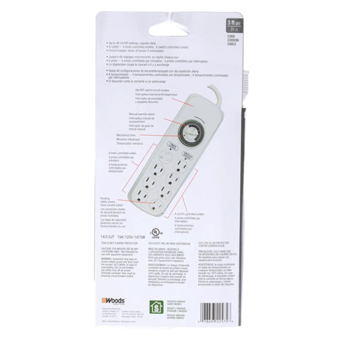 Back packaging of Woods Indoor Eight Outlet Power Strip Timer with Built In Mechanical Timer, highlighting features and specifications.