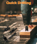 Drill with Pro Wood Plug Cutter Set For Woodworking Pros With Straight And Tapered Cutters In Four Sizes on wooden plank