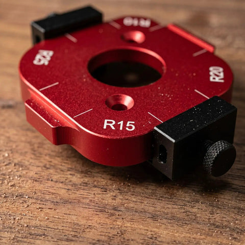 Slick 4 In 1 Wood Router Corner Radius Jig Template Set For Effortless Arc Positioning and Smooth Edge Routing Layout showing R15 template.