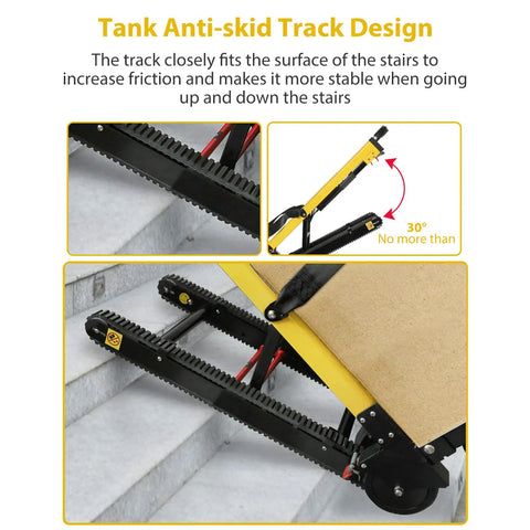 Huge Upgrade Electric Stair Climber Dolly with anti-skid tracks gliding on stairs for safe transport of heavy loads.