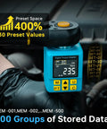 Half Inch Digital Torque Adapter With Color Display And Smart Alerts For Auto Maintenance Pro Grade Precision Peak Track Preset And Store Features Versatile Torque Wrench Adapter From 7.5 To 150 Foot Pound Range, shown in use on a wrench.