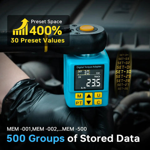 Half Inch Digital Torque Adapter With Color Display And Smart Alerts For Auto Maintenance Pro Grade Precision Peak Track Preset And Store Features Versatile Torque Wrench Adapter From 7.5 To 150 Foot Pound Range, shown in use on a wrench.