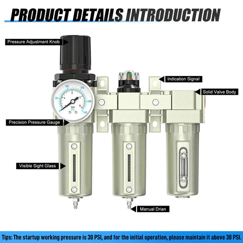 Front view of beefed up heavy duty industrial grade half inch NPT 3 stage air drying system with coalescing filter and pressure gauge