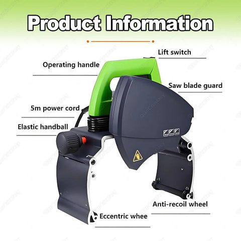 Quick Slice Handheld Electric Pipe Cutter Adjustable 3200RPM showing operating handle, lift switch, and saw blade guard.