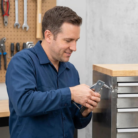 Man using Aluminum Blind Rivet Kit With 166 Pieces In 11 Sizes From 1/8 Inch To 3/16 Inch for cabinet assembly
