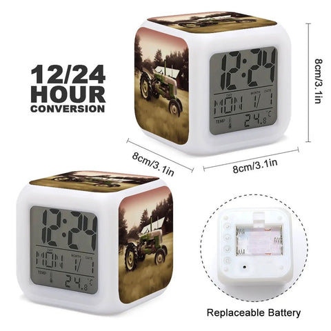 Vintage Tractor Photo Farm Alarm Clock With LED Display For Bedroom Digital Clock With Seven Color Changing Night Light Sleep Training And Built In Sound Machine OK To Wake For Heavy Sleepers