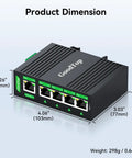 Industrial 5 Port Gigabit PoE++ Switch With 120W Total Budget, Four PoE Ports Up To 90W Each, dimensions and weight details