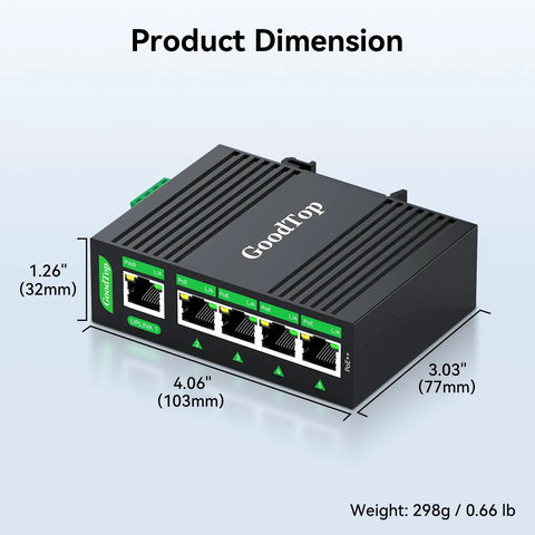 Industrial 5 Port Gigabit PoE++ Switch With 120W Total Budget, Four PoE Ports Up To 90W Each, dimensions and weight details