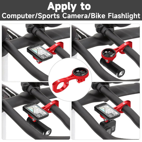 Close-up of aero bar bike GPS mount with GoPro adapter for 22.2mm and 22.4mm handlebars, showing integrated sports camera and light bracket.