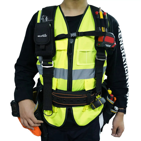 Heavy Duty Tool Belt Suspenders With Padded Straps For All Day Comfort And Back Support Construction Bag Harness worn by worker