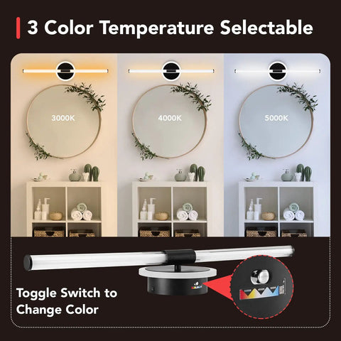 24 Inch Black LED Vanity Light Bar 18W Dimmable With Color Temperature Options 3000K 4000K 5000K Over Mirror Bathroom Fixture with toggle switch