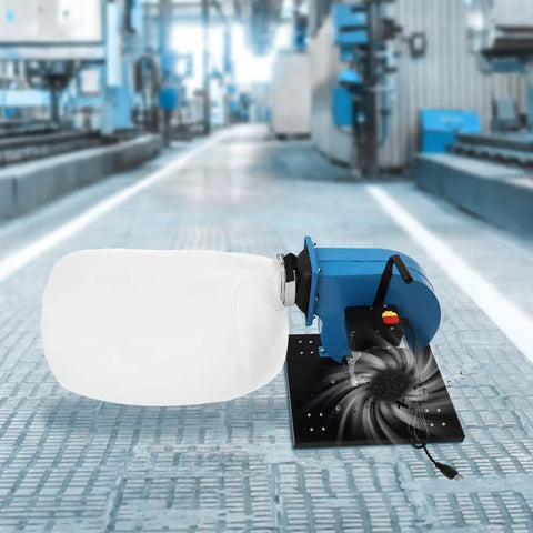 No Nonsense 1Hp Wall Mounted 550 Cfm Dust Collector Clearing Debris Like A Champ With 14.8 Gallon Bag And 30 Micron Bag Filtration in workshop setting.