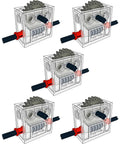 Five transparent gearboxes with visible gears and red/blue shafts; Mindstorms-compatible wormbox gear motor reducer.