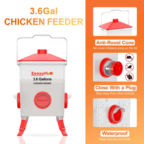 Three Point Six Gallon Chicken Feeder With Anti Roost Cone 3 Adjustable Height Locking Legs Four No Waste Ports For Backyard Flock