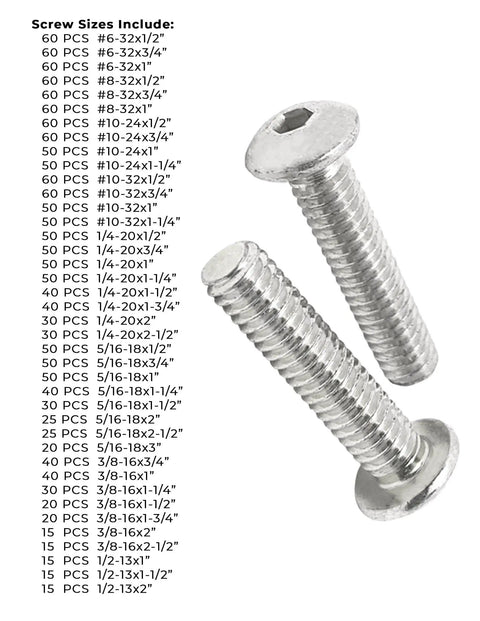 316 Stainless Button Socket Head Cap Screw Kit Bagged Assortment With 1585 Pieces Durable Silver Finish